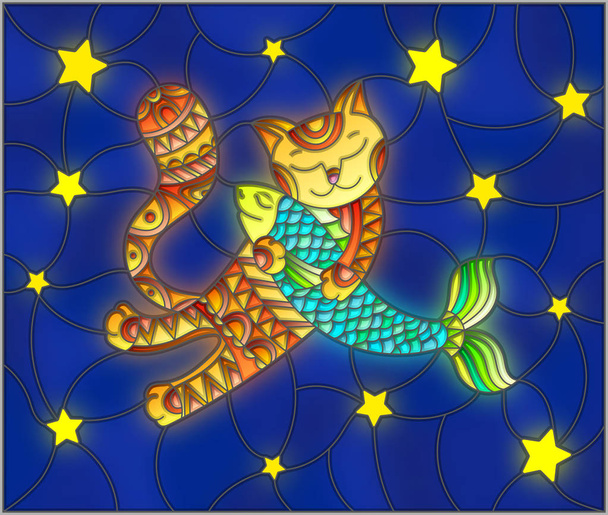 Illustration in stained glass style with funny red cat hugging a fish on a blue background with stars - Vector, Image