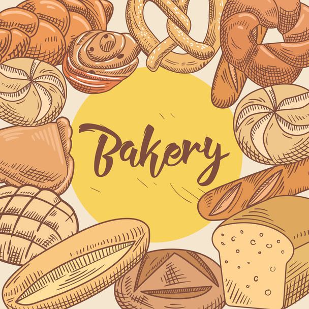 異なる新鮮なパン、パンとパン屋さんの手描きデザイン。ベクトル図 - ベクター画像