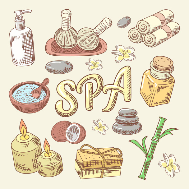 Spa und Wellness handgezeichnetes Doodle mit Lotus, Kerze und Steinen. Hautpflege. Vektorillustration - Vektor, Bild