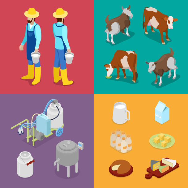 Производство молочной промышленности. Человек с бутылкой молока, коровы и сыра. Молочный продукт. Изометрическая векторная плоская 3D иллюстрация
 - Вектор,изображение