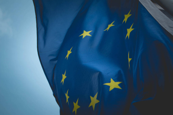 European union flag, blue sky on the background. Blue European u - Zdjęcie, obraz