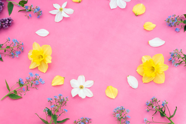 spring flowers on a pink background - Fotoğraf, Görsel