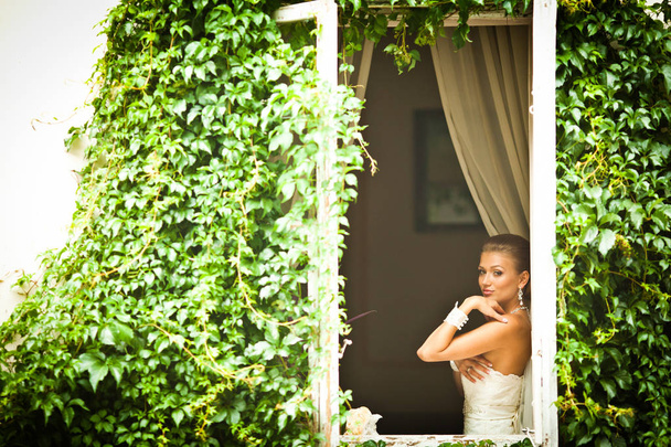 Look from outside on a stunning bride posing in a window surroun - Фото, изображение