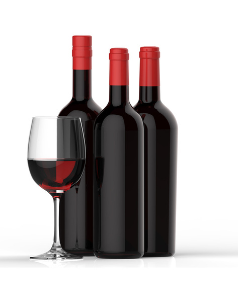 ガラスと赤ワインのボトル - 写真・画像