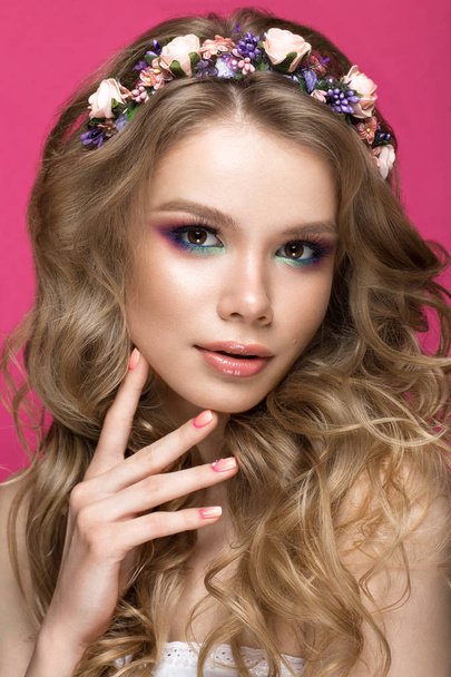 beautiful blond girl in image of the bride with purple flowers on her head. Beauty face. - Photo, image