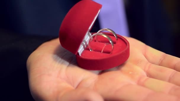 novio sostiene en su caja de mano de anillos de boda de oro, regalo para la novia anillos de oro, primer plano
 - Metraje, vídeo