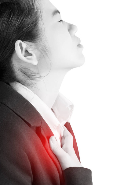 Боль в груди или астма у женщины, изолированной на белом фоне. Клипинг путь на белом фоне
. - Фото, изображение