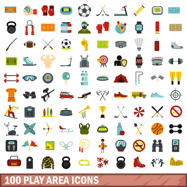 100 play area icons set, flat style - Vector, Image