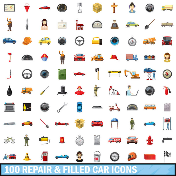 100 repair filled car icons set, cartoon style - Вектор,изображение