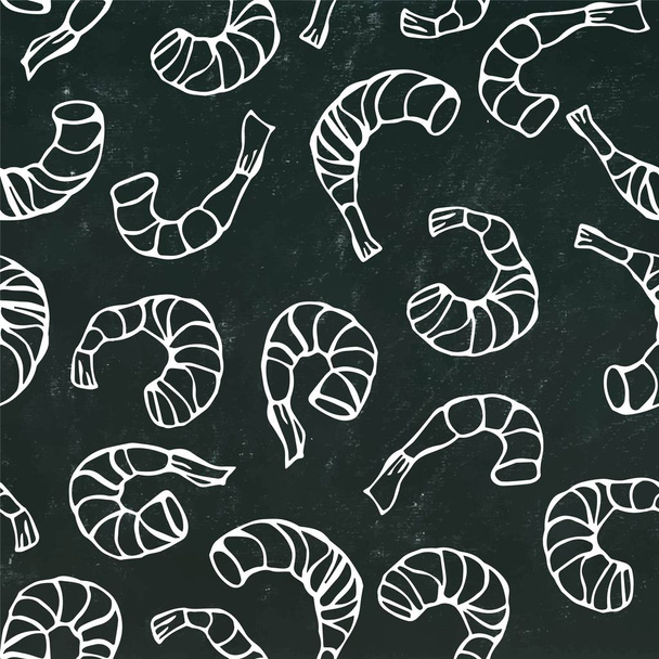 Seafood Seamless Pattern. Shrimp or Prawn. Isolated On Chalkboard Background Doodle Cartoon Vintage Hand Drawn Sketch Vector Illustration. - Vector, Image
