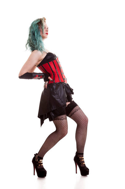 Gorgeous BDSM model in leather corset on white background - Foto, Imagem