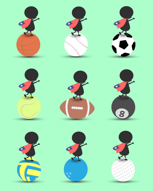 Uomo nero personaggio cartone animato stand su palla sportiva e mani in alto in testa con bandiera sventolata Taiwan e sfondo verde. Flat graphic.logo design.sports cartoon.sports palle vettore. illustrazione. RGB
  - Vettoriali, immagini