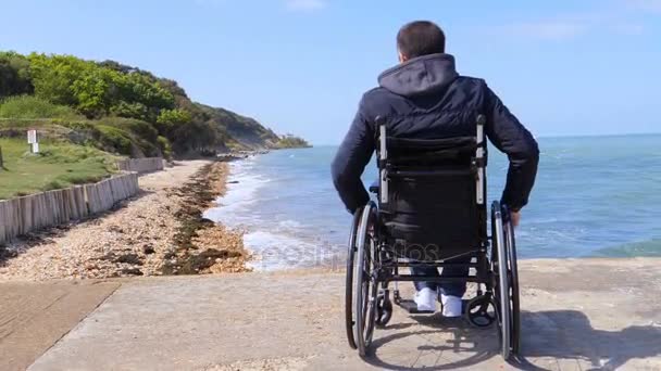 Espalda del hombre discapacitado en silla de ruedas en la playa
 - Metraje, vídeo
