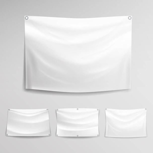 白い旗セット ベクトル。水平吊りバナー繊維、布やナイロンのモックアップ. - ベクター画像