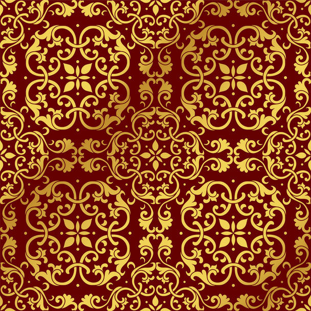Seamless Golden Chinese Background spiral curve cross flower lea - Vector, Image
