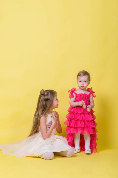 Two sisters in dresses on a yellow background in the Studio - Foto, Imagen