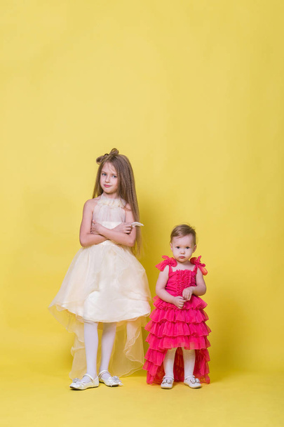Two sisters in dresses on a yellow background look in different directions and offended - Photo, Image