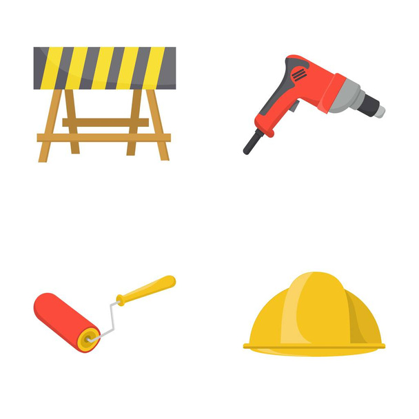 A barrier on the construction site, an electric drill, a roller for painting and a helmet. Build and repair set collection icons in cartoon style vector symbol stock illustration web. - Vector, Image