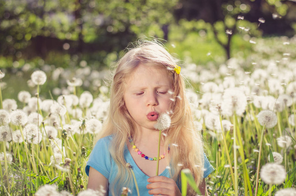 bella ragazza con gli occhi chiusi e lunghi capelli biondi che soffiano fiori di tarassaco bianchi
 - Foto, immagini