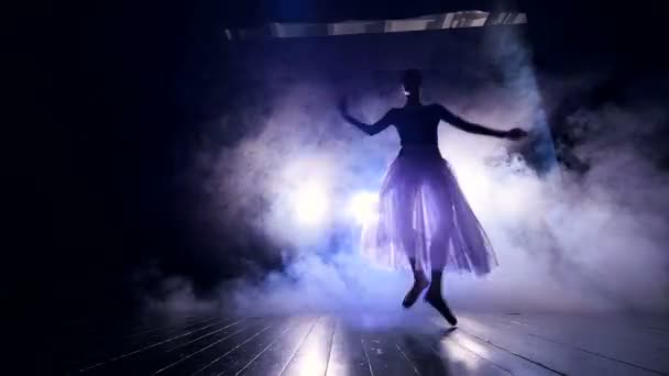 Балерина танці на сцені в дим - Кадри, відео