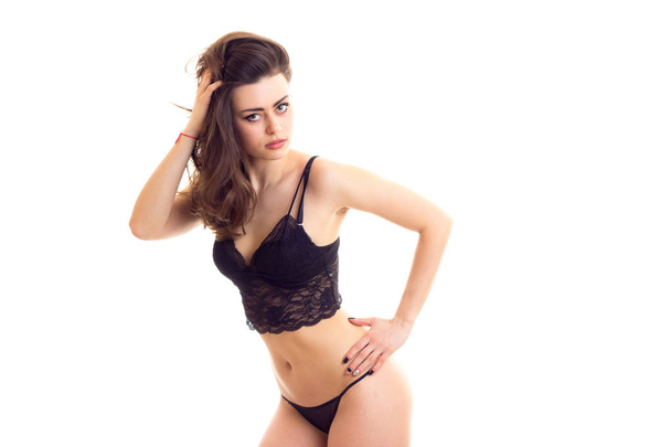 Young woman in black lingerie - Фото, изображение