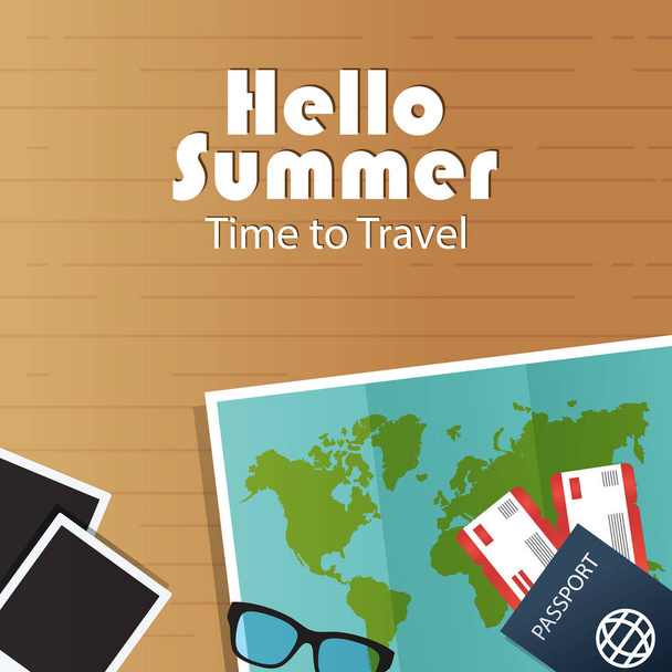 Summer vacation banner. Vector illustration world map, passport with tickets, photo - Vektör, Görsel