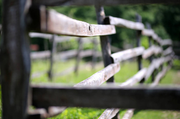 Old wooden rural corral fence in meadow - Foto, Imagen