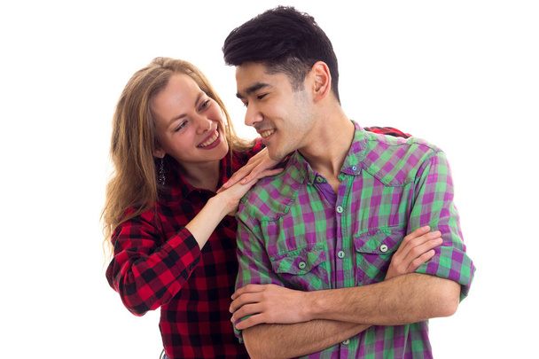 Young couple in plaid shirts - 写真・画像