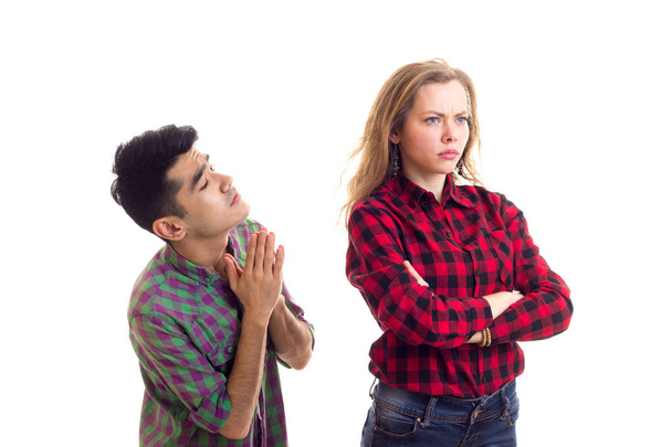Young couple in plaid shirts arguing - Photo, Image