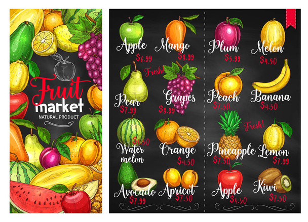 Plantilla de póster de pizarra de bocetos de tiza de fruta
 - Vector, Imagen