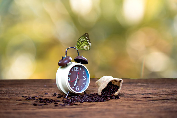 Reloj despertador con granos de café y mariposa sobre mesa de madera con luz de la mañana, concepto Start up
 - Foto, Imagen