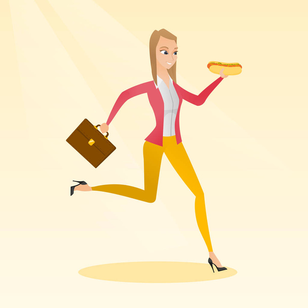 Business woman eating hot dog vector illustration. - Vector, Image