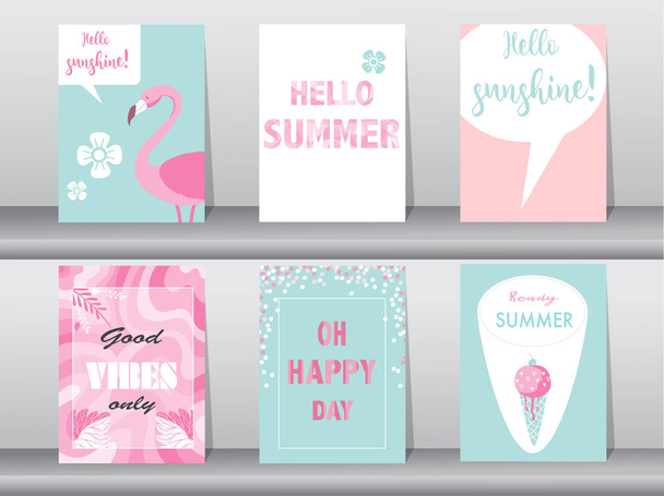 Conjunto de cartão de verão em design padrão, cartaz, modelo, saudação, cartões, frutas, polígono, Ilustrações vetoriais
  - Vetor, Imagem