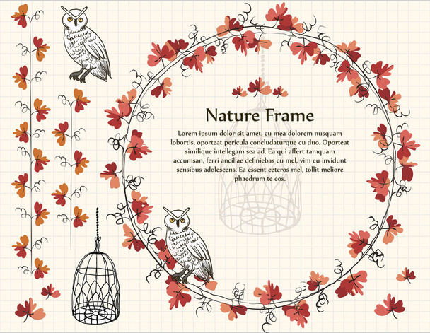Natura botanica Autunno foglia rossa cornice gufo uccello gabbia disegnato a mano
 - Vettoriali, immagini
