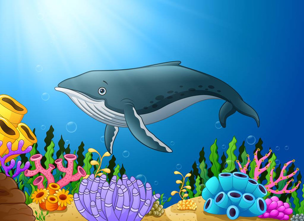 Wieloryb kreskówka kąpiel w morzu - Wektor, obraz