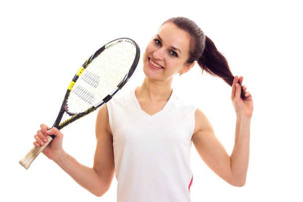Woman with tennis racquet - Фото, изображение