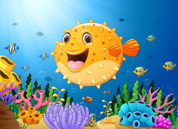 Cartoon puffer fish with sea life - Vector, Image