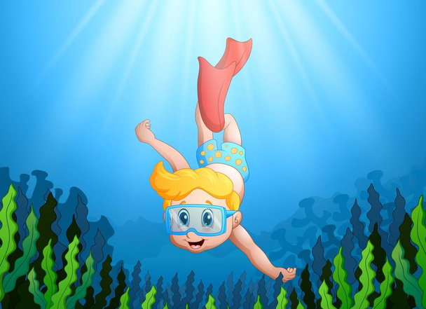 Desenhos animados criança mergulho subaquático
 - Vetor, Imagem