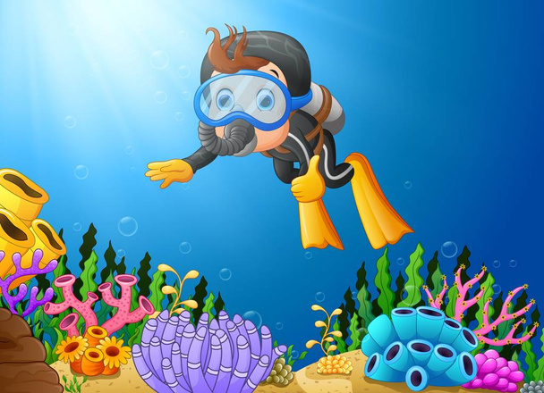 Cartoon boy diving in the sea - Vector, Image