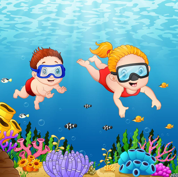 Cartoon kids diving underwater - Vector, Image