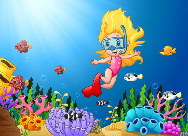 Sarjakuva tyttö sukellus meressä
 - Vektori, kuva
