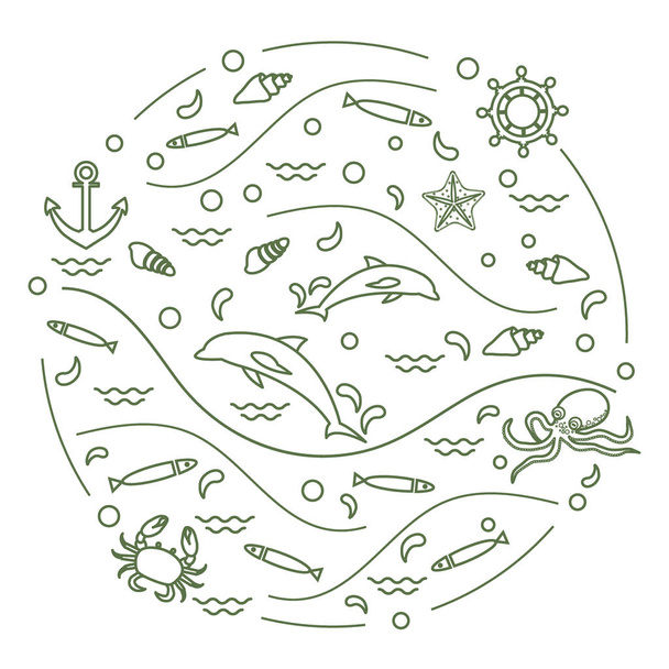 Cute vector illustration with dolphins, octopus, fish, anchor, h - Vector, Imagen