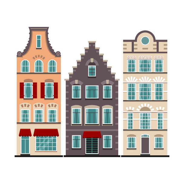 Σετ 3 Αμστερνταμ παλιά σπίτια γελοιογραφία προσόψεις - Διάνυσμα, εικόνα