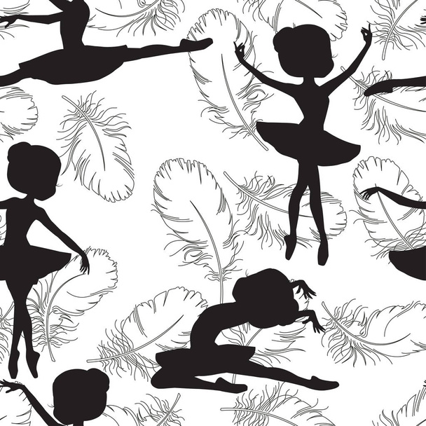 Seamless pattern with ballerinas and feather of swan on white background. - Vector, Image