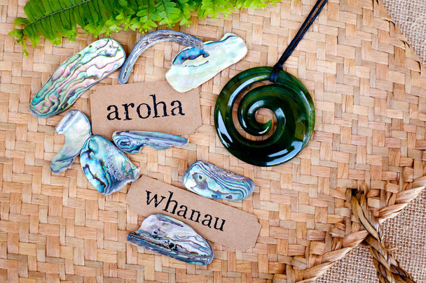 NZ - Kiwi - Thème maori - milieux et objets - mots maoris pour l'amour et le respect (aroha) et la famille (whanau
) - Photo, image