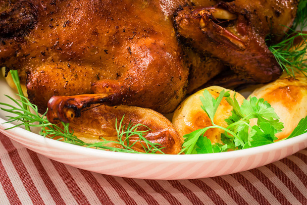 Festive canard cuit aux pommes gros plan sur une assiette sur une table
.  - Photo, image