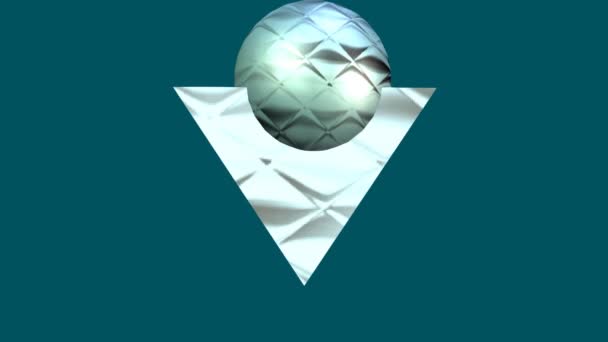 3D κινούμενο μεταλλικό λογότυπο με πετώντας σφαίρα και περιστρεφόμενη πυραμίδα στην σκούρα πράσινη οθόνη, κομψή αφηρημένη εισαγωγή κινουμένων σχεδίων - Πλάνα, βίντεο