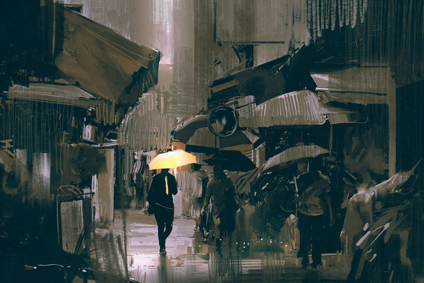 el hombre con paraguas amarillo brillante caminando por la ciudad
 - Foto, Imagen