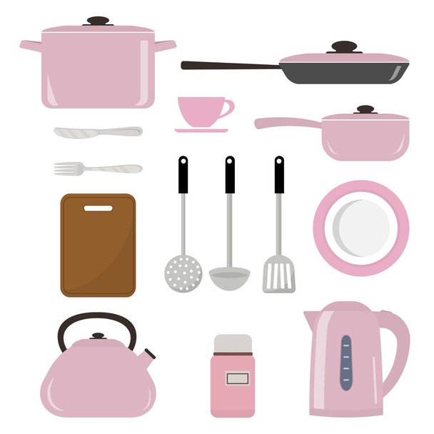 Joukko keittiövälineet ja työkalut vaaleanpunainen väri eristetty valkoisella taustalla
 - Vektori, kuva