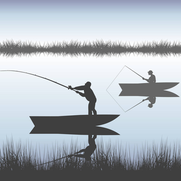 Miehet kalastavat järvellä veneestä
 - Vektori, kuva